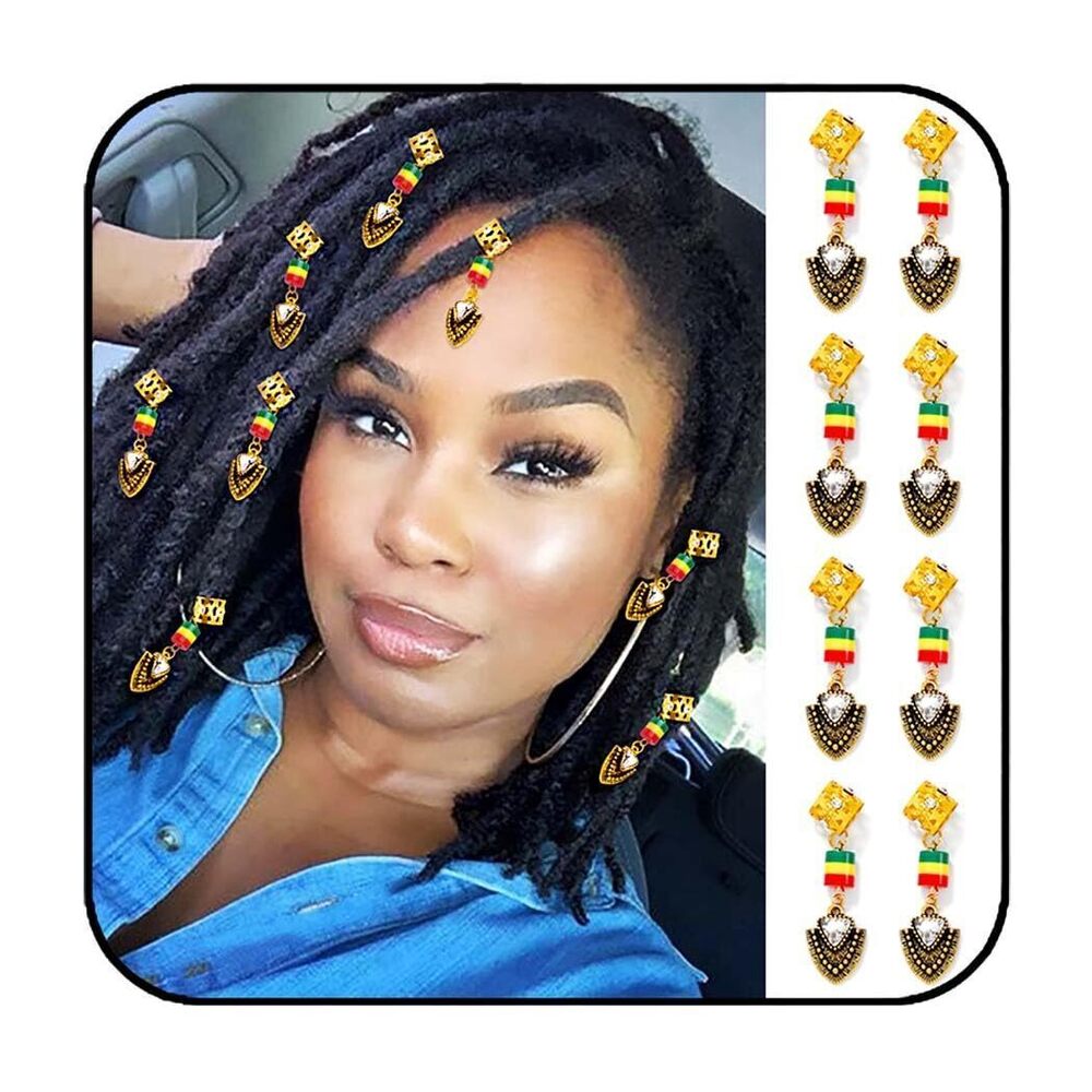 8056 8Pcs Crystals Dreadlock Cuffs Gold Braid Charms Accessories African